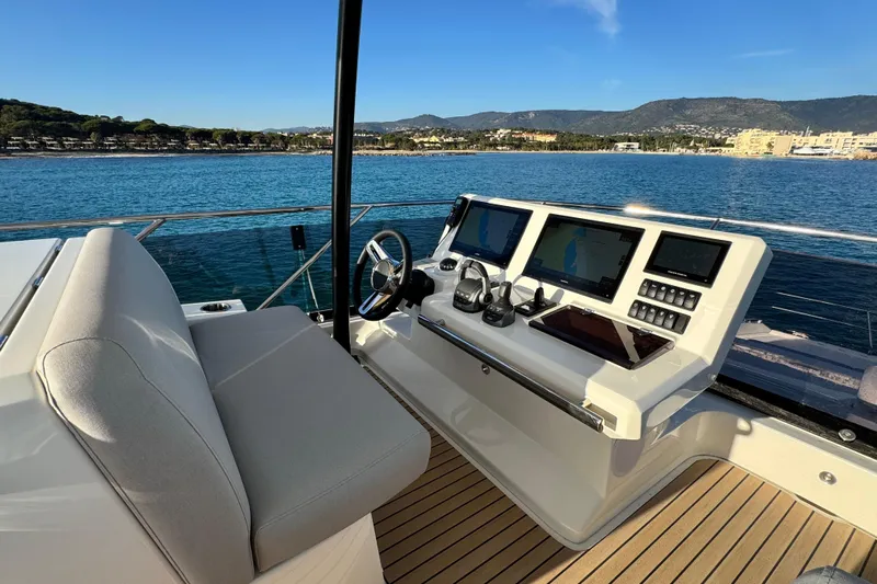  Yacht Photos Pics Luxurious 2024 Prestige M48 yacht helm with advanced navigation systems, overlooking serene waters.