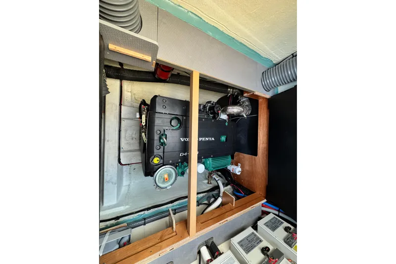  Yacht Photos Pics 2024 Prestige M48 engine compartment featuring Volvo Penta D4 engine installation.