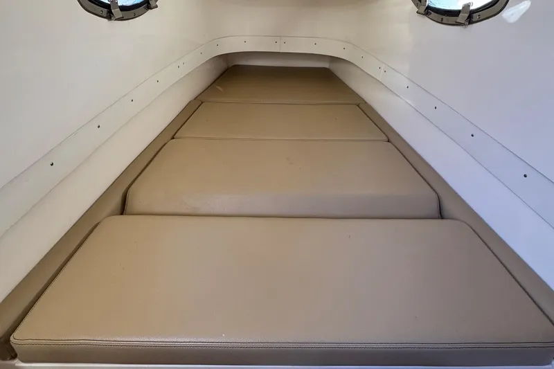  Yacht Photos Pics 2018 Scout 300 LXF cabin interior with beige cushions.