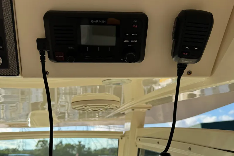  Yacht Photos Pics 2018 Scout 300 LXF boat with Garmin marine radio and speaker system.