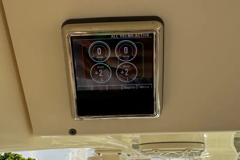  Yacht Photos Pics Digital display on 2018 Scout 300 LXF boat dashboard showing helm controls.