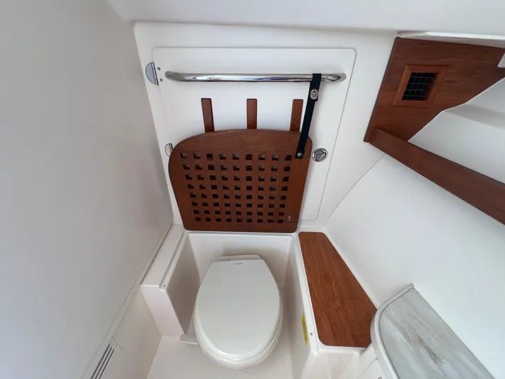  Yacht Photos Pics 2020 Grady-White Freedom 335 boat bathroom with wooden accents and modern fixtures.