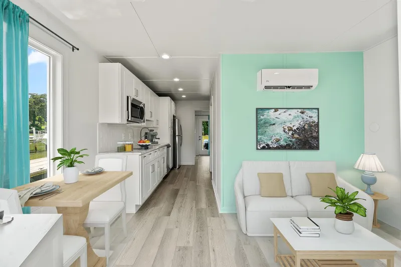  Yacht Photos Pics Modern interior of Hank's 40 Houseboat, 2025 model, featuring a cozy living area and kitchen.