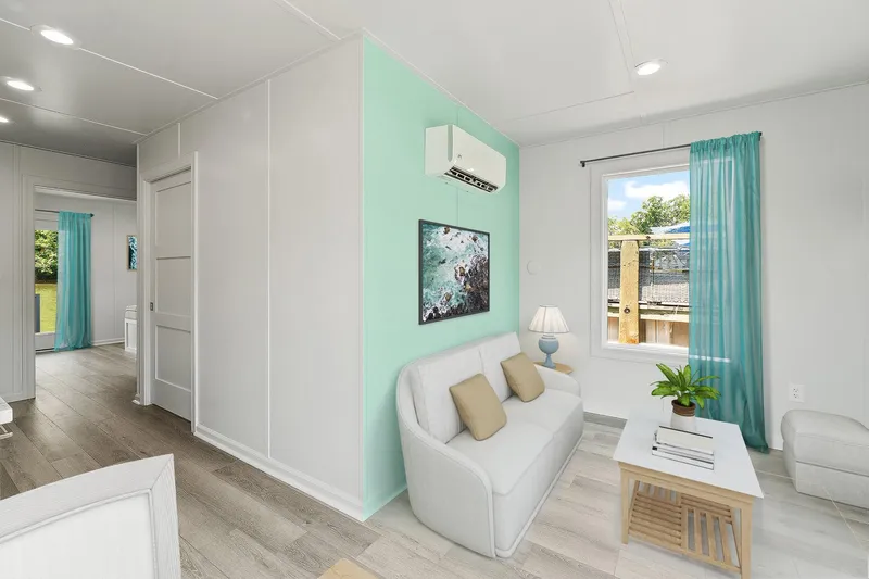  Yacht Photos Pics Modern interior of Hank's 40 Houseboat, 2025, featuring minimalist decor and natural light.