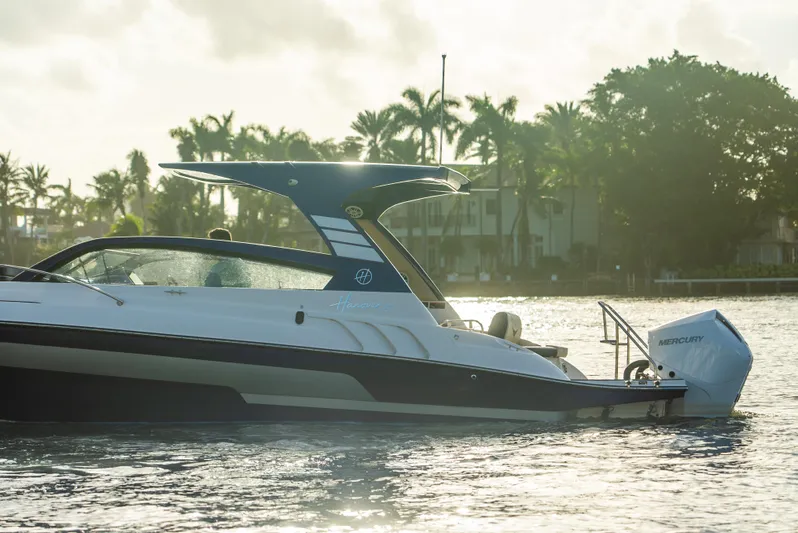  Yacht Photos Pics 2024 Hanover 305 boat on water with scenic palm tree backdrop.