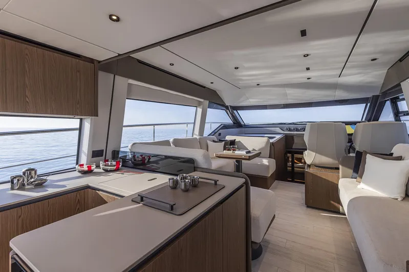  Yacht Photos Pics Luxurious interior of 2025 Ferretti Yachts 580 with modern design and ocean view.
