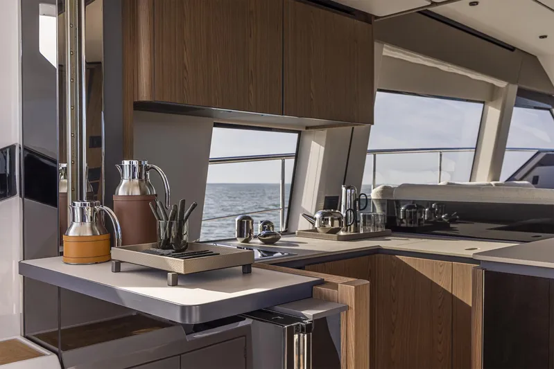  Yacht Photos Pics Luxurious kitchen interior on 2025 Ferretti Yachts 580, featuring modern design and ocean view.