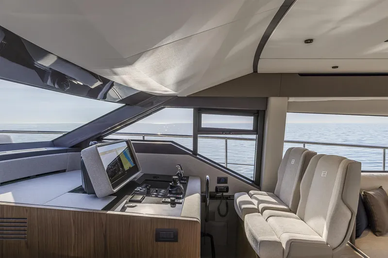  Yacht Photos Pics Interior of 2025 Ferretti Yachts 580, featuring modern helm and luxurious seating.