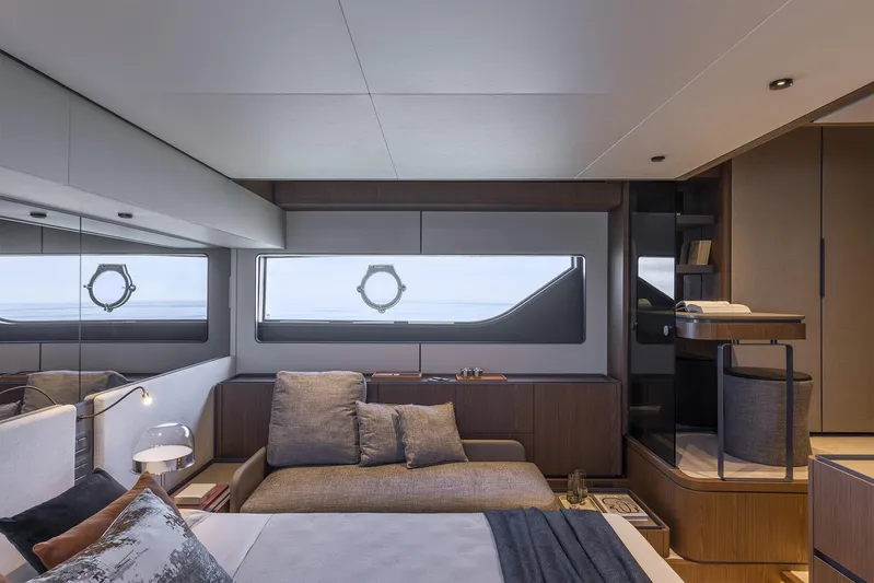  Yacht Photos Pics Luxurious interior of 2025 Ferretti Yachts 580, featuring modern design and elegant furnishings.