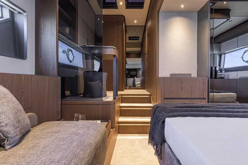  Yacht Photos Pics Luxurious interior of 2025 Ferretti Yachts 580, featuring modern design and elegant wood finishes.