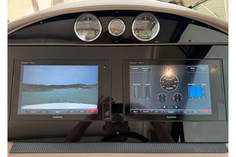 Absolutely Yacht Photos Pics Dashboard of 2017 Regal 42 Sport Coupe with Garmin GPS displays and gauges.