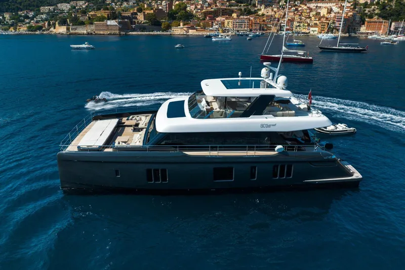 Manta Yacht Photos Pics Luxury 2022 Sunreef 80 Power MANTA yacht cruising in scenic coastal waters.