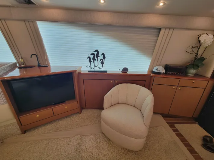  Yacht Photos Pics Interior of 2001 Ocean Yachts 56 Super Sport with TV, chair, and cabinets.