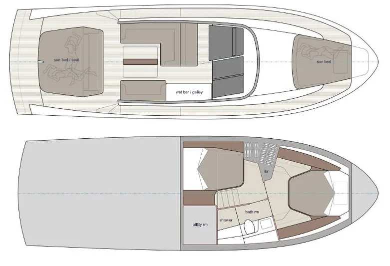  Yacht Photos Pics Floor plan of Bekkers Yachts Azur 45, 2026 model, showcasing upper and lower deck layouts.