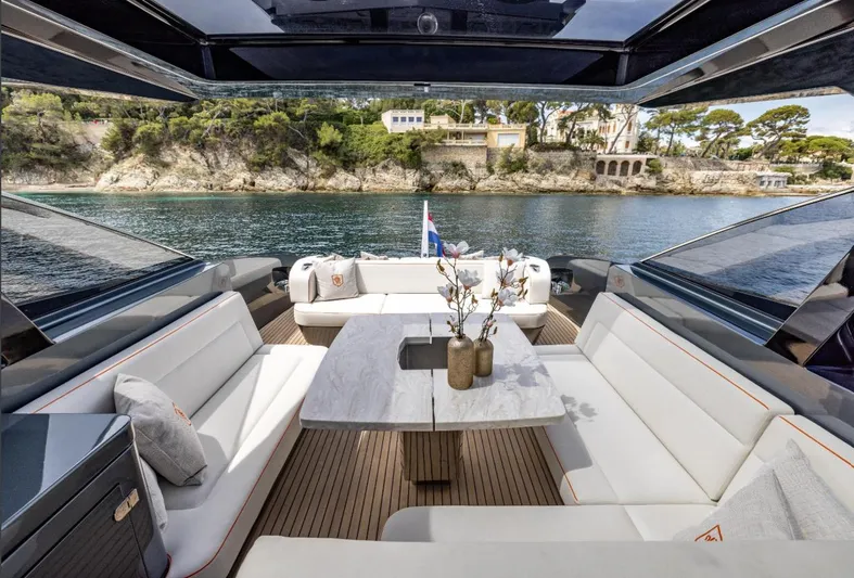  Yacht Photos Pics Luxurious 2026 Bekkers Yachts Azur 45 interior with elegant seating and scenic waterfront view.