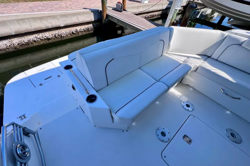  Yacht Photos Pics 2018 Cruisers Yachts 41 Cantius with white seating and cup holders on deck.