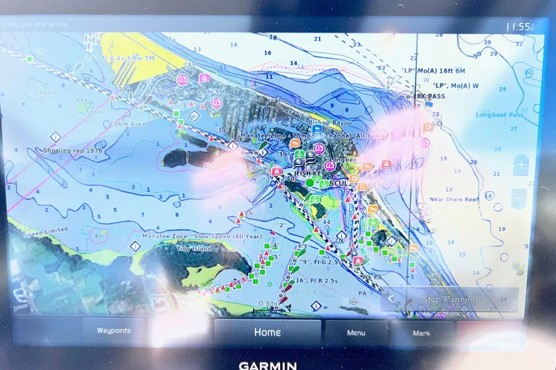  Yacht Photos Pics Garmin marine navigation display on 2018 Cruisers Yachts 41 Cantius, showing detailed nautical chart.