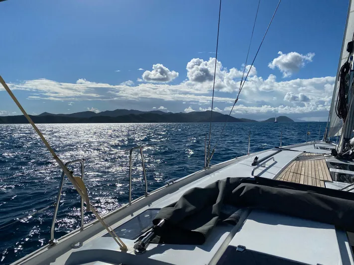 Avalon Sunset Yacht Photos Pics Sailing on a 2016 Hanse 505 yacht with scenic ocean and mountain views.