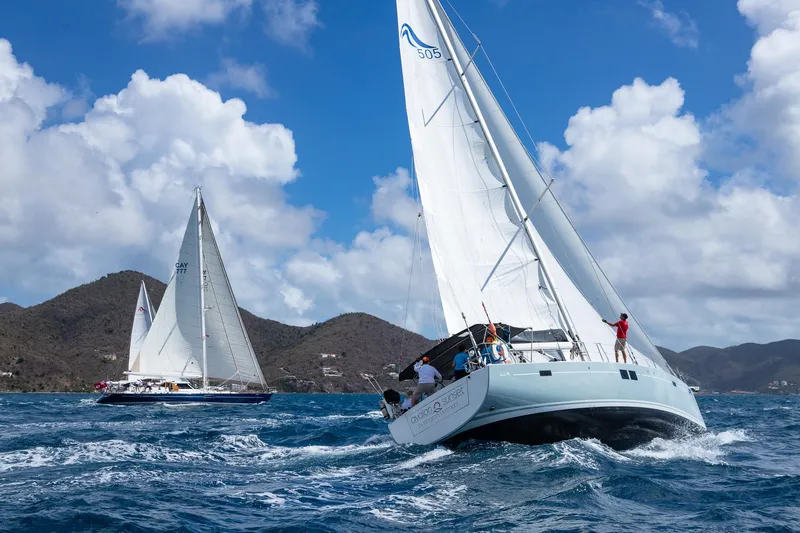 Avalon Sunset Yacht Photos Pics Sailboats navigating blue waters, featuring a 2016 Hanse 505 under clear skies.