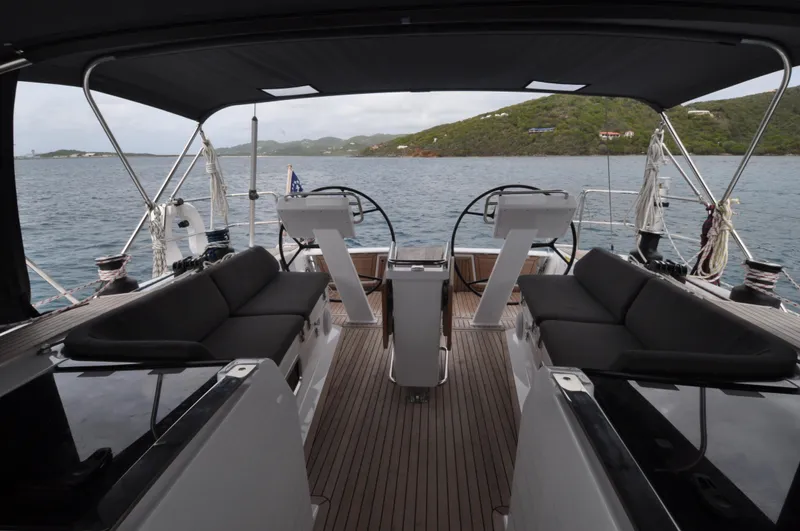 Avalon Sunset Yacht Photos Pics Luxurious 2016 Hanse 505 yacht interior with dual steering wheels and sleek seating.