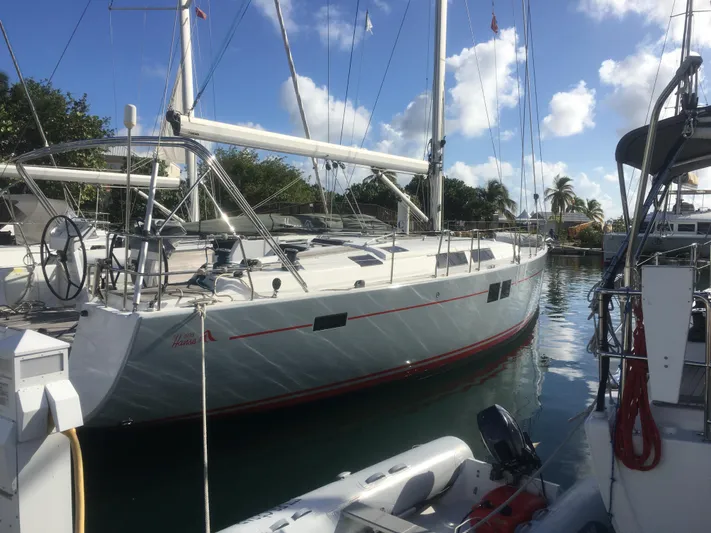 Avalon Sunset Yacht Photos Pics 2016 Hanse 505 sailboat docked in a sunny marina, surrounded by calm waters.