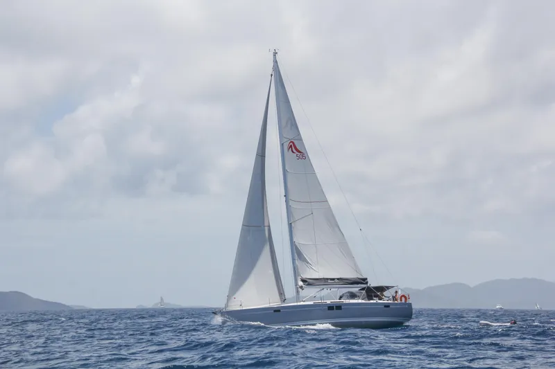 Avalon Sunset Yacht Photos Pics Sailing yacht Hanse 505, 2016 model, cruising on open sea under cloudy skies.
