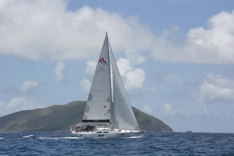 Avalon Sunset Yacht Photos Pics Sailing yacht Hanse 505 (2016) on open sea with island backdrop.