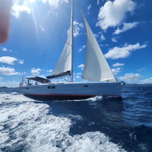 Avalon Sunset Yacht Photos Pics Sailing yacht Hanse 505, 2016 model, gliding on blue ocean under clear skies.