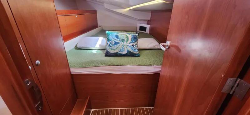 Avalon Sunset Yacht Photos Pics Cozy cabin interior of 2016 Hanse 505 yacht with wooden finish and decorative pillows.