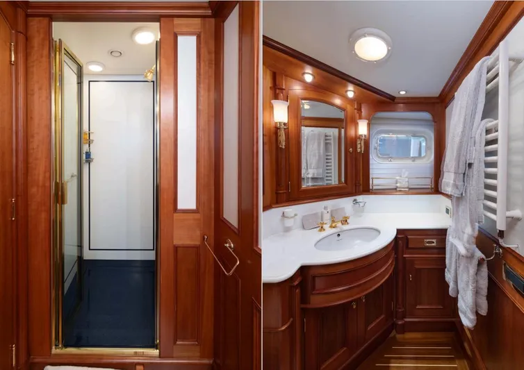Catalina Yacht Photos Pics Luxurious wooden bathroom interior on a 2001 Vitters Cruising Ketch yacht.