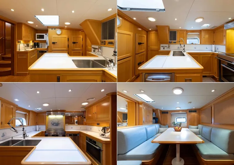 Catalina Yacht Photos Pics Luxurious interior of 2001 Vitters Cruising Ketch yacht with modern kitchen and dining area.