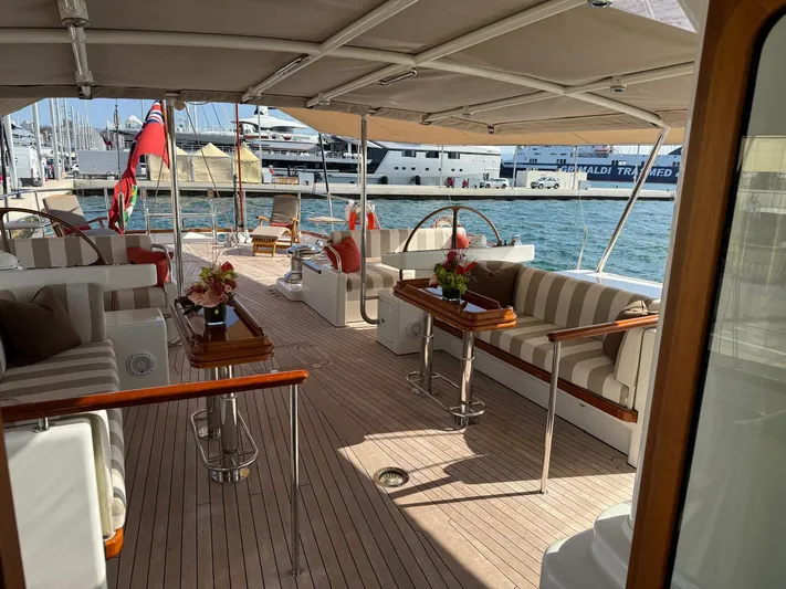 Catalina Yacht Photos Pics Luxurious 2001 Vitters Cruising Ketch deck with elegant seating and ocean view.