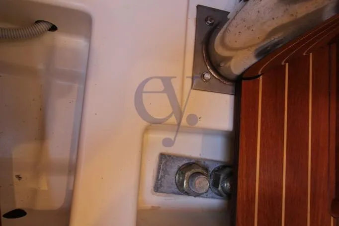  Yacht Photos Pics Close-up of Jeanneau Sun Odyssey 40.3 deck fittings and wood trim, 2004 model.