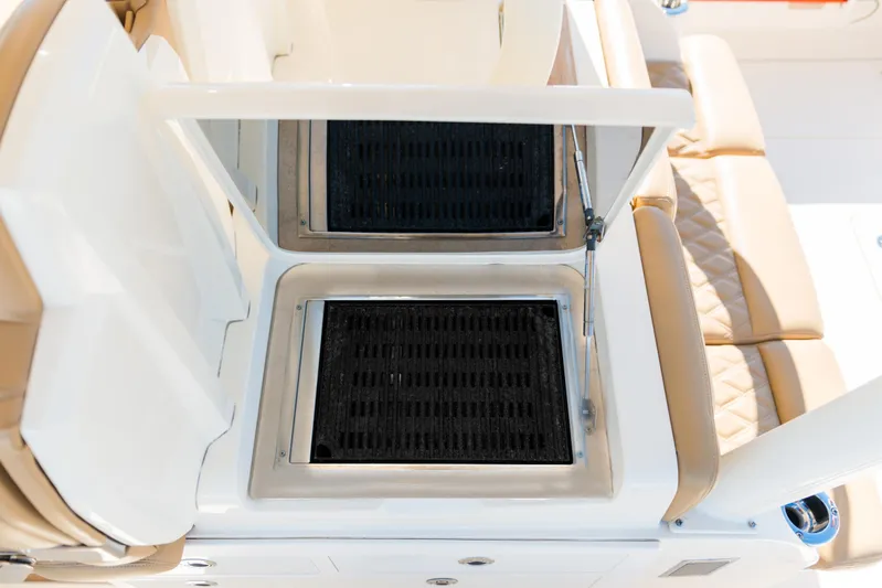  Yacht Photos Pics 2017 Scout 420 LXF boat seating and storage compartments.