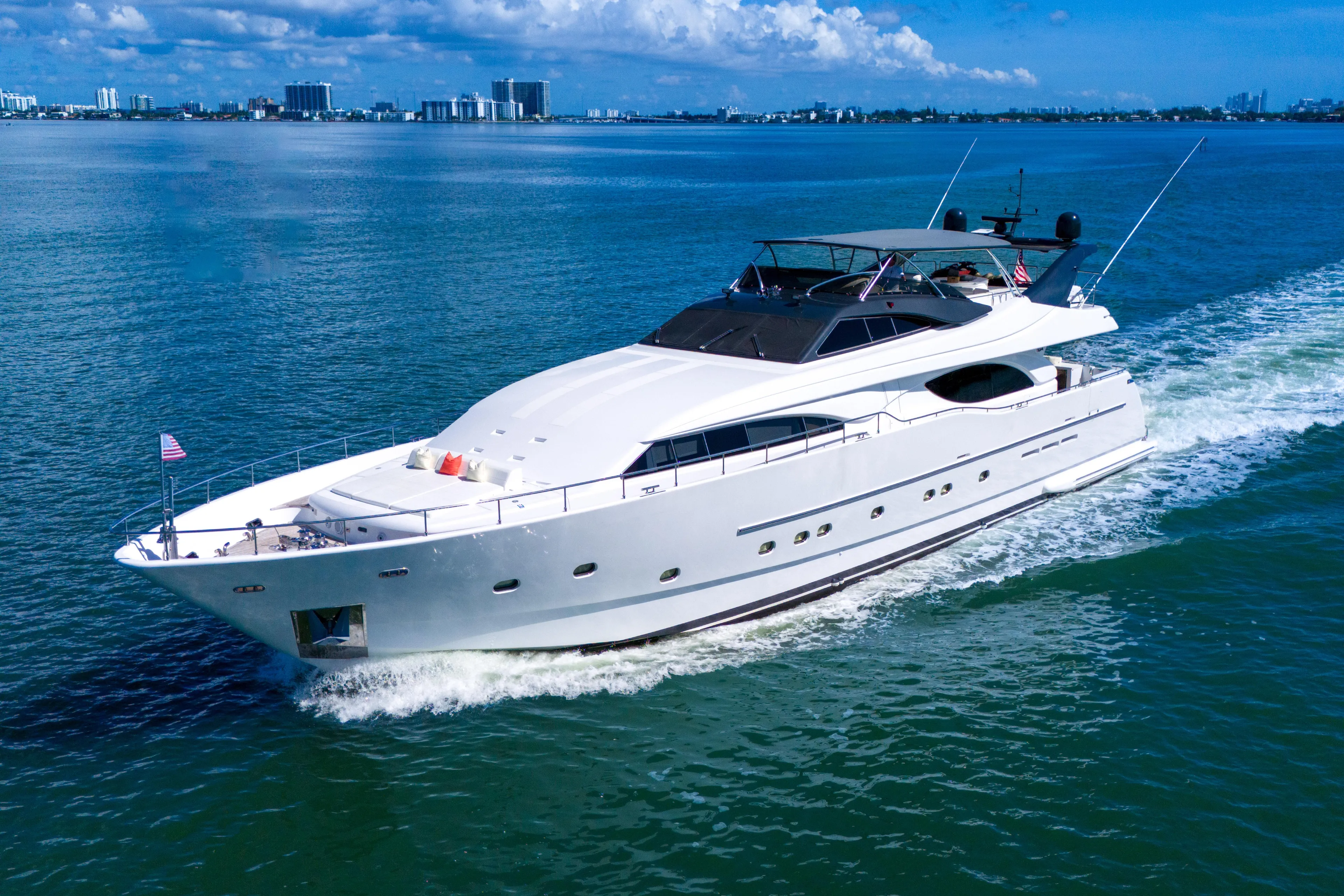 Sinpatico Yacht Photos Pics Luxurious 2002 Ferretti Yachts Custom Line 94 cruising on open water.