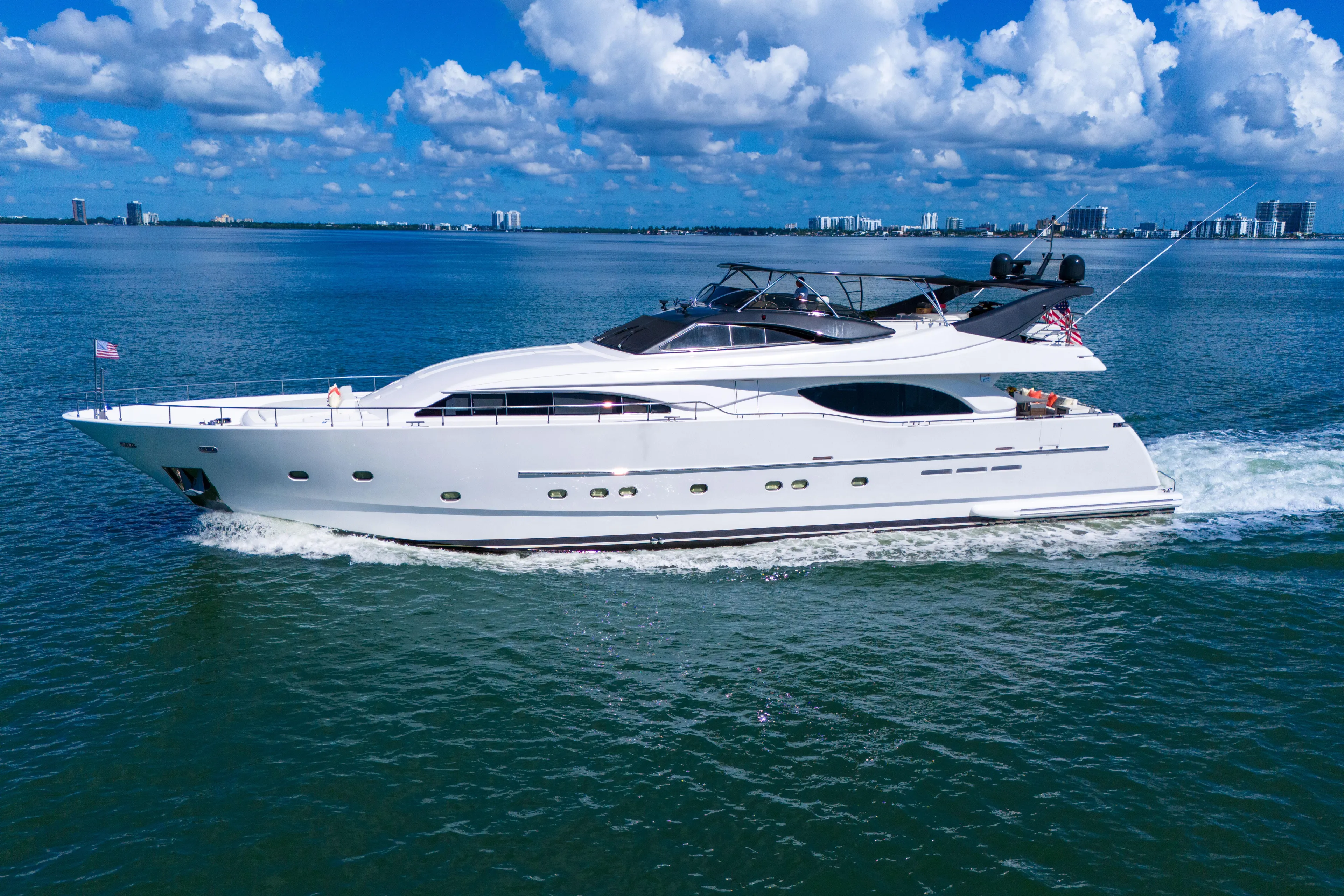 Sinpatico Yacht Photos Pics Luxurious 2002 Ferretti Yachts Custom Line 94 cruising on a sunny day.