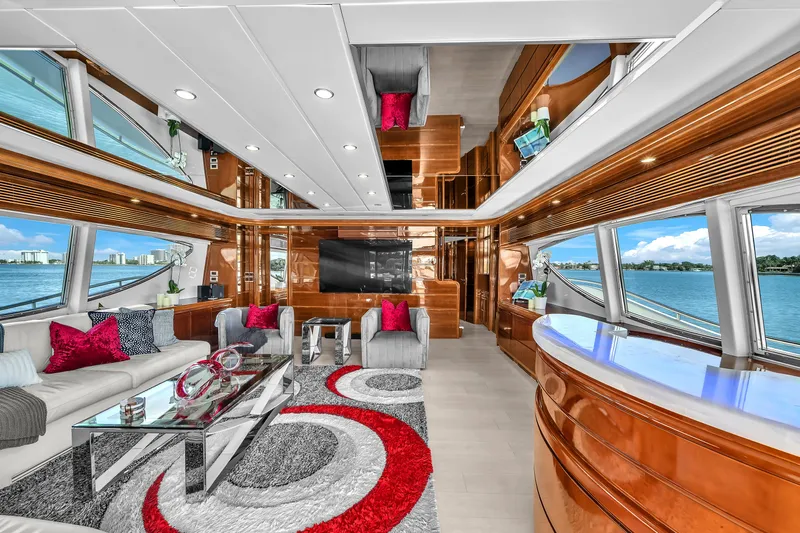 Sinpatico Yacht Photos Pics Luxurious interior of 2002 Ferretti Yachts Custom Line 94 with modern decor and ocean views.