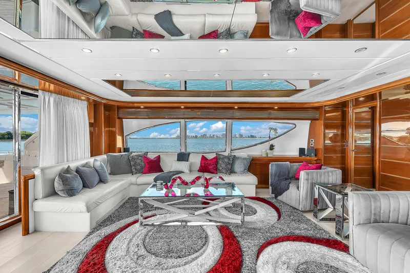 Sinpatico Yacht Photos Pics Luxurious interior of 2002 Ferretti Yachts Custom Line 94 with modern decor and ocean view.