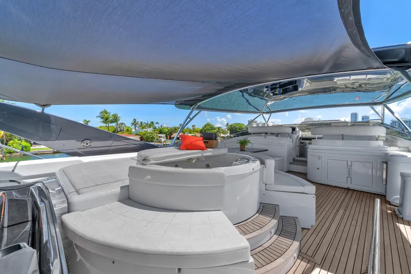 Sinpatico Yacht Photos Pics Luxurious 2002 Ferretti Yachts Custom Line 94 deck with seating and canopy.