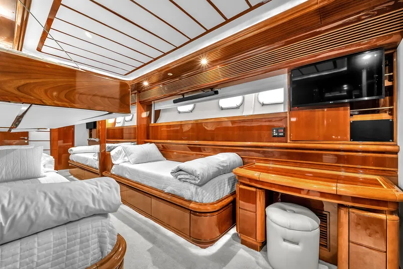 Sinpatico Yacht Photos Pics Luxurious 2002 Ferretti Yachts Custom Line 94 cabin with elegant wood finishes and modern amenities.
