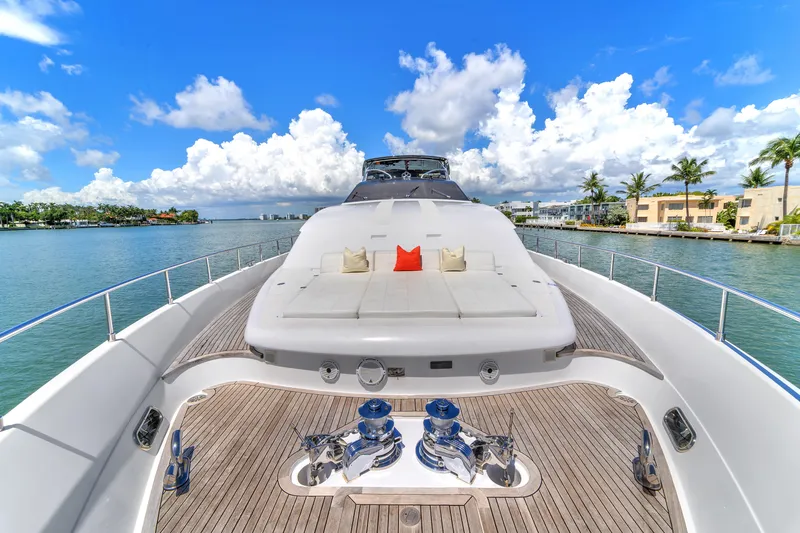 Sinpatico Yacht Photos Pics Luxurious 2002 Ferretti Yachts Custom Line 94 on serene waters, featuring spacious sun deck.