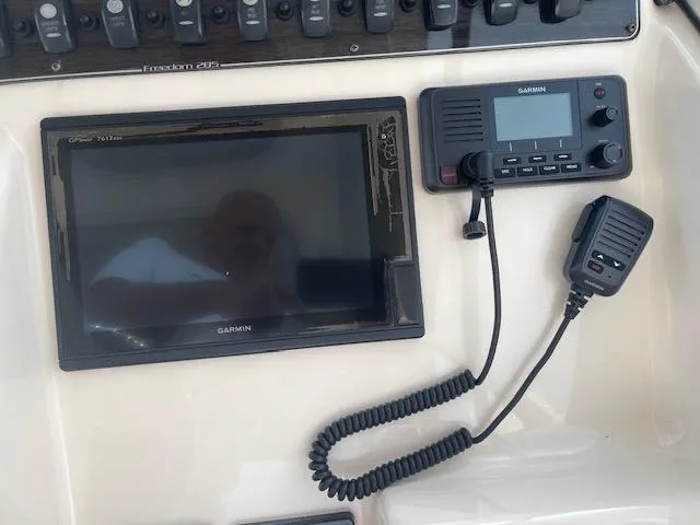  Yacht Photos Pics 2017 Grady-White Freedom 285 dashboard with Garmin navigation and communication devices.