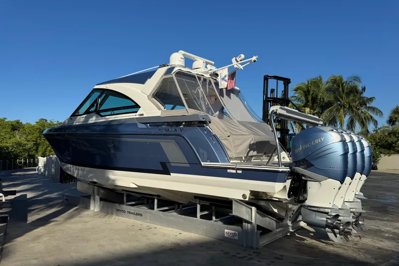 Millennium Falcon Yacht Photos Pics 2023 Formula 400 Super Sport Crossover boat on trailer, featuring powerful Mercury engines.