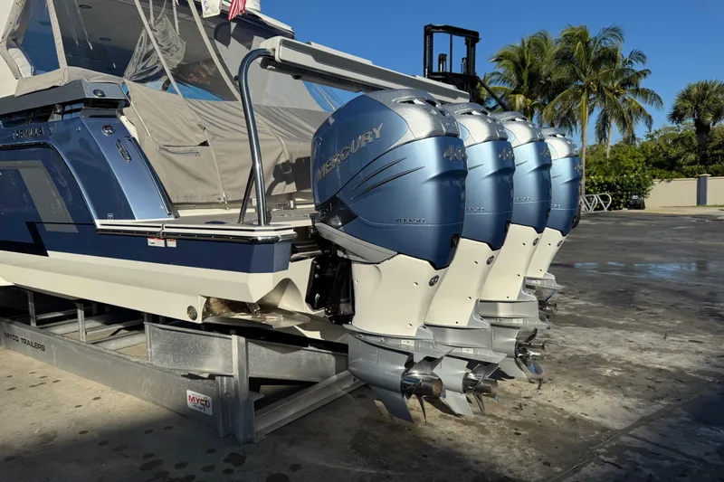 Millennium Falcon Yacht Photos Pics 2023 Formula 400 Super Sport Crossover with four Mercury outboard engines on a trailer.