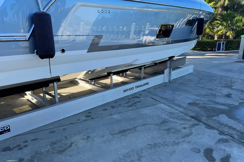 Millennium Falcon Yacht Photos Pics 2023 Formula 400 Super Sport Crossover on Myco trailer, parked outdoors.