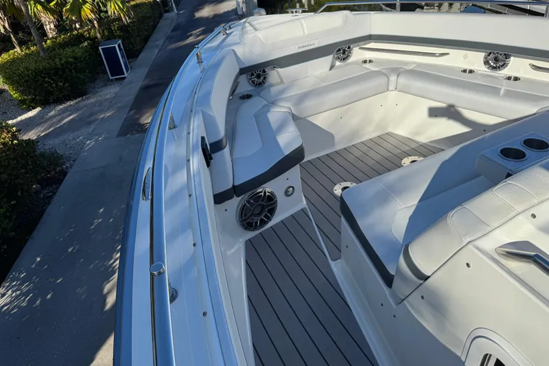 Millennium Falcon Yacht Photos Pics 2023 Formula 400 Super Sport Crossover boat interior with sleek seating and modern design.