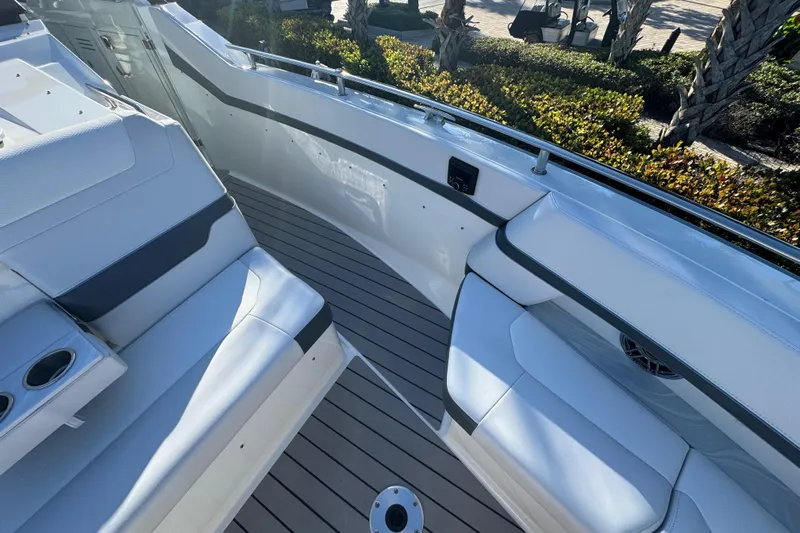 Millennium Falcon Yacht Photos Pics 2023 Formula 400 Super Sport Crossover boat interior with sleek seating and modern design.