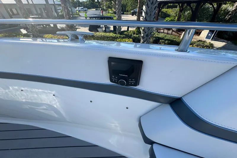 Millennium Falcon Yacht Photos Pics 2023 Formula 400 Super Sport Crossover boat interior with audio control panel.