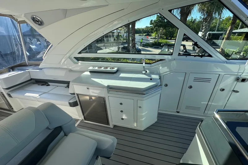 Millennium Falcon Yacht Photos Pics 2023 Formula 400 Super Sport Crossover interior with sleek seating and modern amenities.