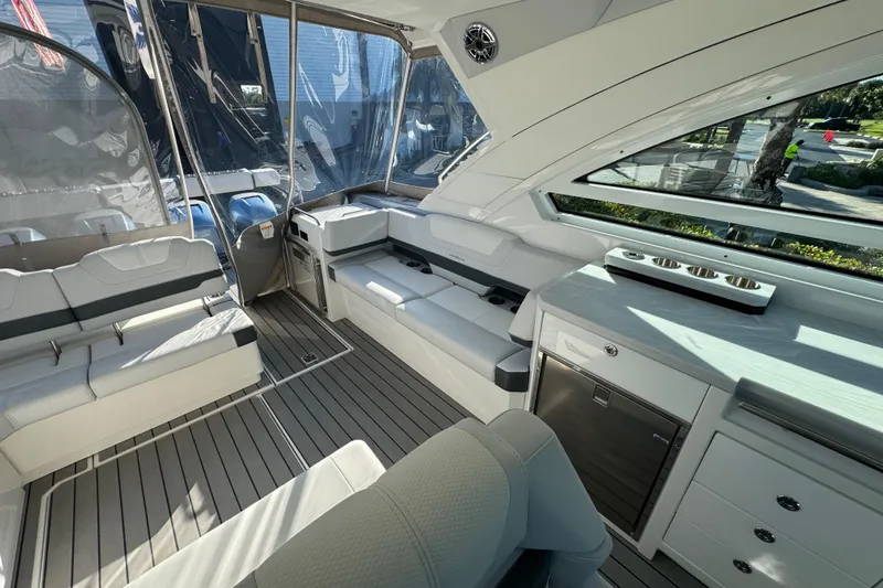 Millennium Falcon Yacht Photos Pics 2023 Formula 400 Super Sport Crossover interior with sleek seating and modern amenities.